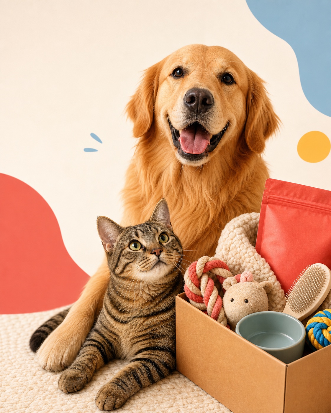 A joyful golden retriever and tabby cat beside a box of pet-care essentials